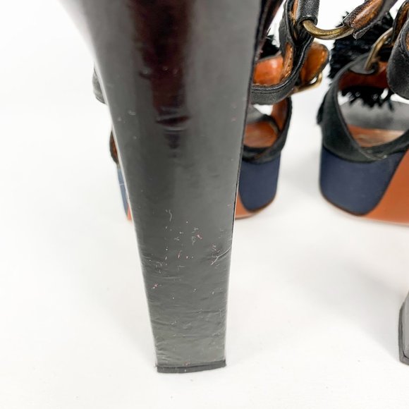 LANVIN Black Lametta Peep Toe Buckle Sandal Pumps - Picture 9 of 11